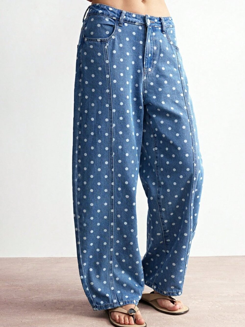 Blue Casual Women's Polka Dot Woven Denim Loose Long Pants - Picture 6 of 6